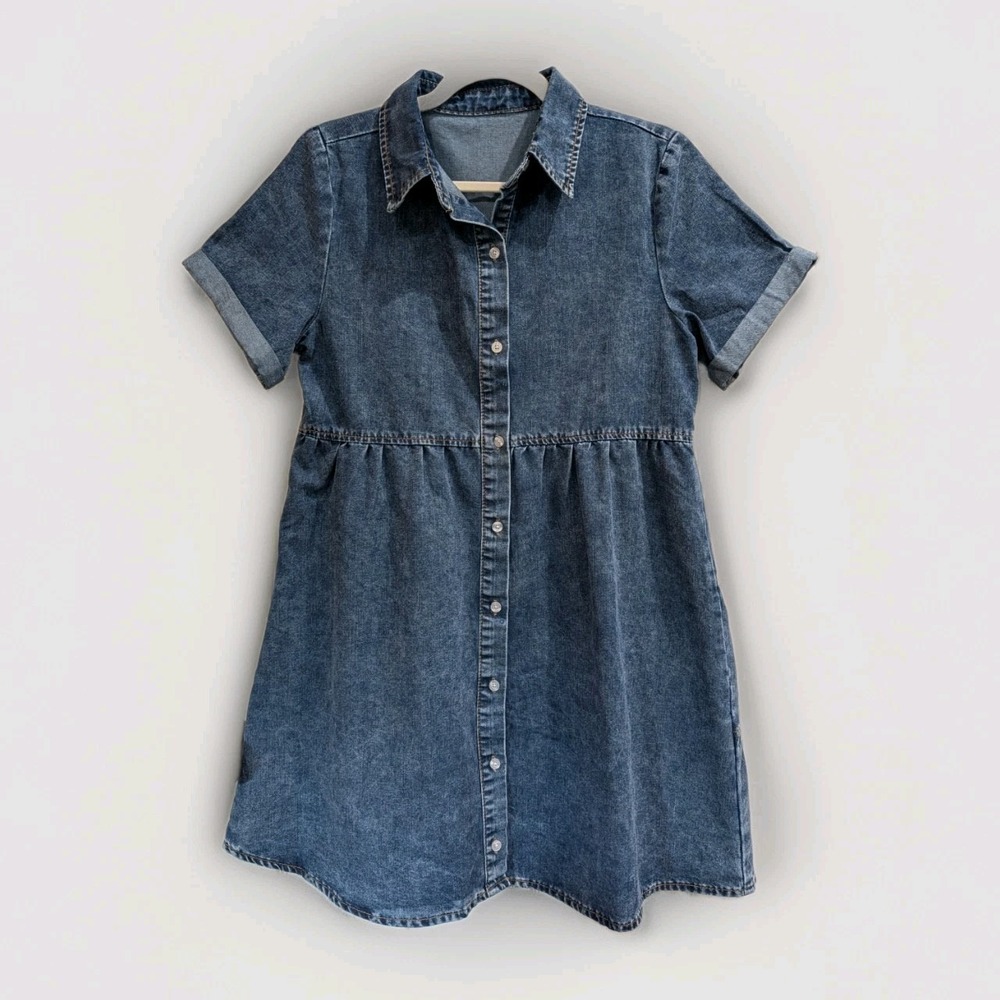Womens Denim Babydoll Tiered Button Up Shirt Dress Small Country Cowgirl Rodeo